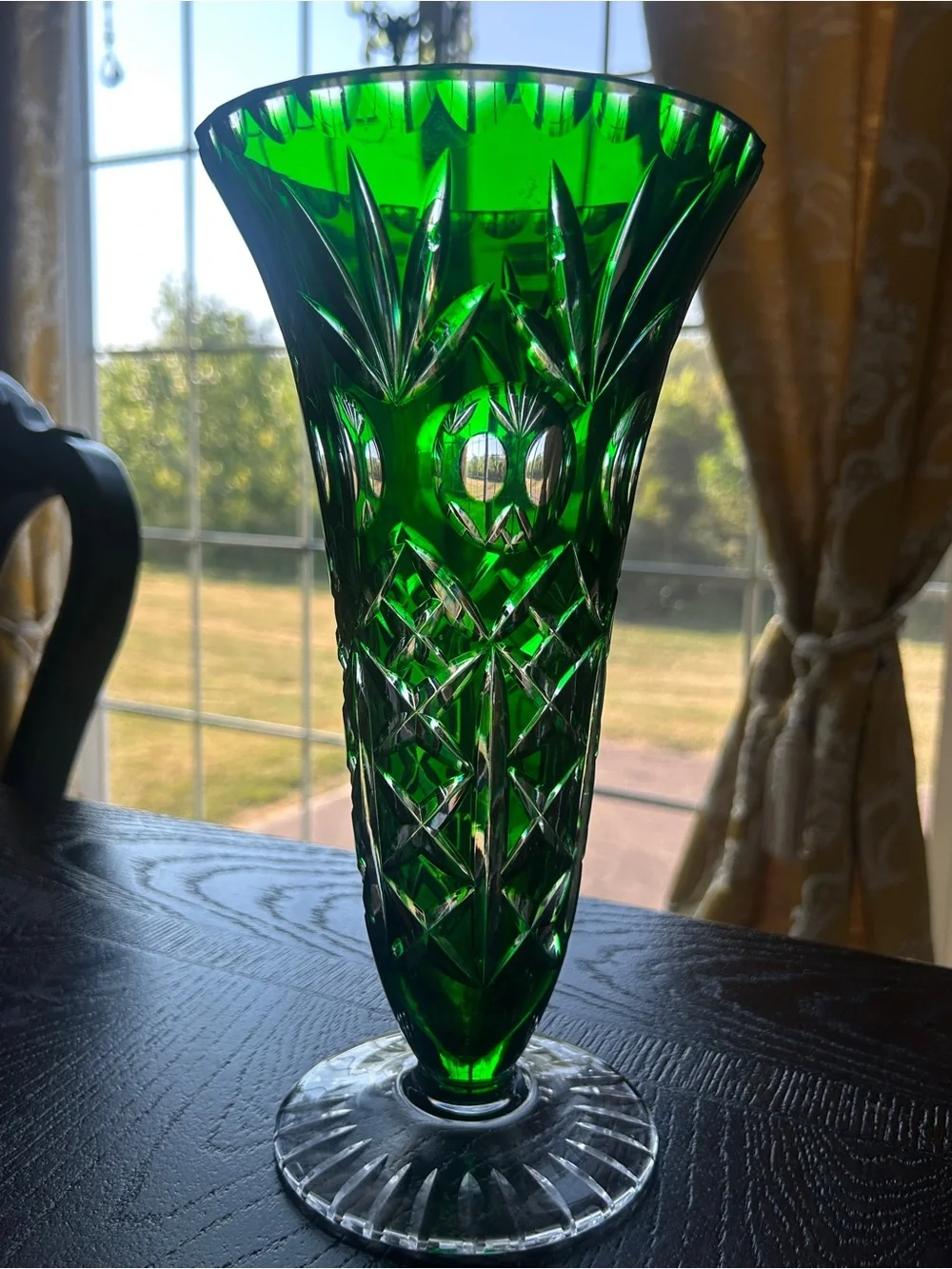 Vintage Imperial Hand Cut Emerald Glow Glass Vase German 1950s 10.5”